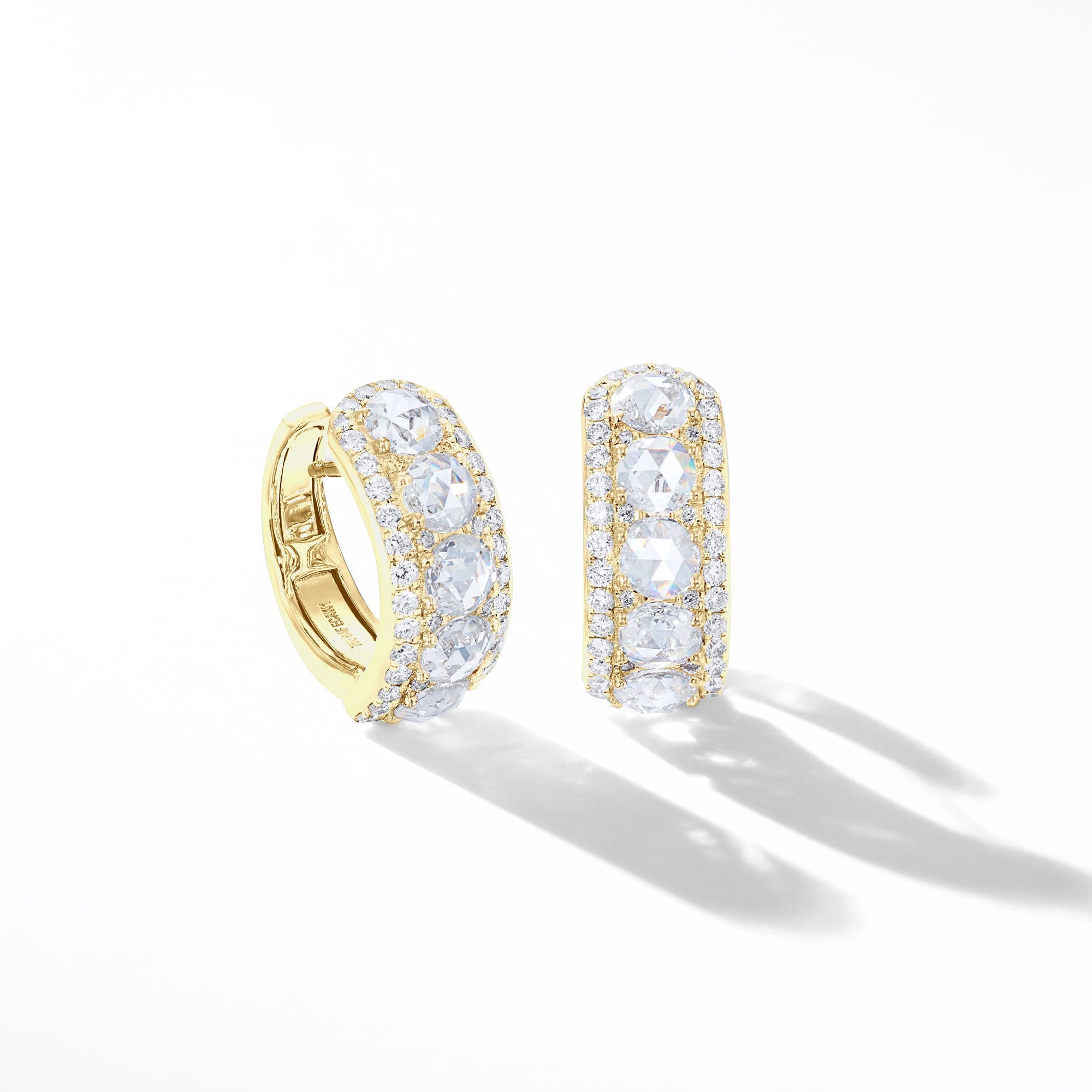 Image of 64Facets Linear Diamond Huggie Earrings in 18K Gold With Rose Cut Diamonds and Diamond Pave Accents